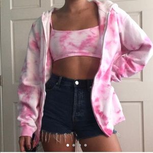 Pink tie dye hoodie zip and bralette set